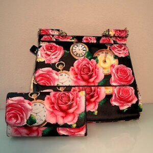 Floral & Vintage Clock Handbag Set - Rose Print Purse and Wallet